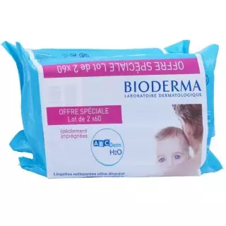 Bioderma ABCDerm H2O Lingettes nettoyantes - Lot de 2 x 60 lingettes