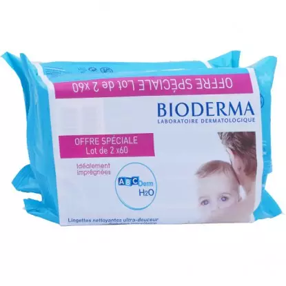 Bioderma ABCDerm H2O Lingettes nettoyantes - Lot de 2 x 60 lingettes