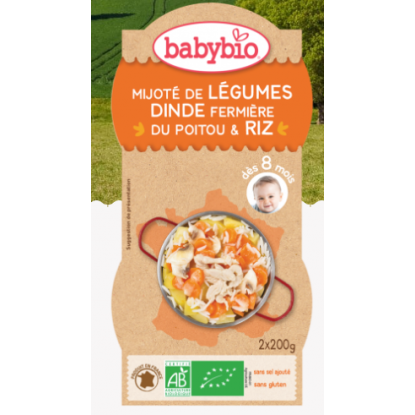 Babybio Mijoté de légumes dinde fermière du poitou, riz dès 8 mois 2*200g