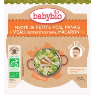 Babybio Petits pois, panais veau fermier d'aquitaine, macaroni dès 12mois, 230g