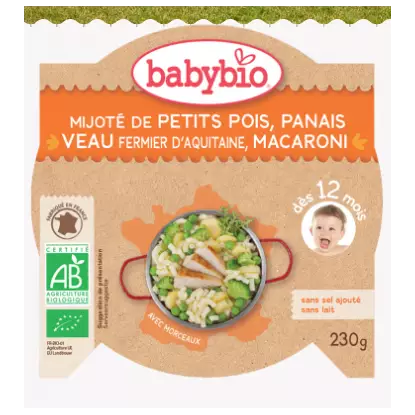 Babybio Petits pois, panais veau fermier d'aquitaine, macaroni dès 12mois, 230g