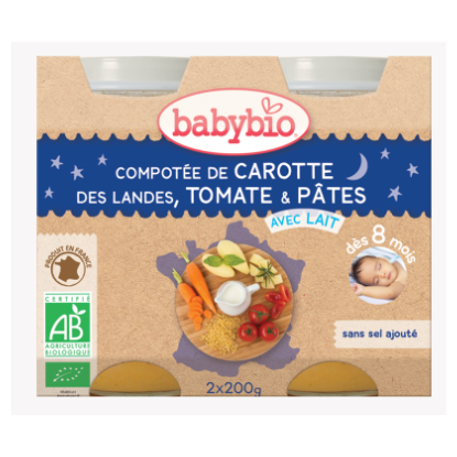 Babybio Compotée de carotte des landes, tomate, pâtes dès 8mois, 2*200g