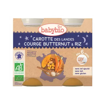 Babybio Carotte des landes, courge butternut et riz, dès 6 mois, 2*200g