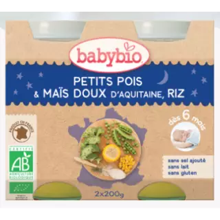 Babybio petits pois, maïs doux d'aquitaine, riz de camargue, dès 6 mois, 2*200g