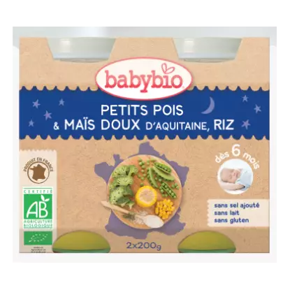 Babybio petits pois, maïs doux d'aquitaine, riz de camargue, dès 6 mois, 2*200g