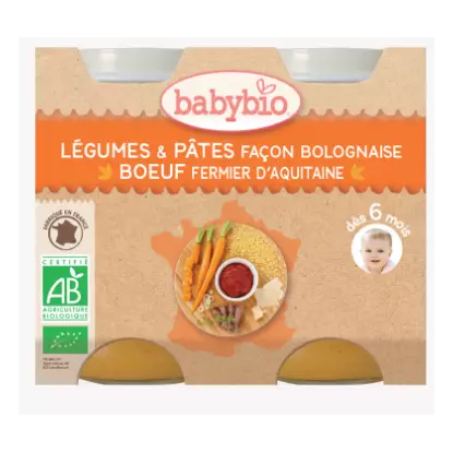 Babybio légumes & pâtes façon bolognaise boeuf fermier d'aquitaine, dès 6mois, 2*200g