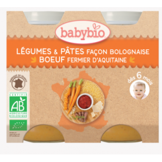 Babybio légumes & pâtes façon bolognaise boeuf fermier d'aquitaine, dès 6mois, 2*200g
