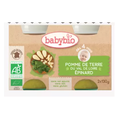 Babybio pomme de terre du val de loire, épinard, dès 4mois, 2*130g