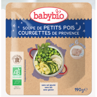 Babybio Soupe de petits pois, Courgettes de Provence, dès 6 mois, 190g