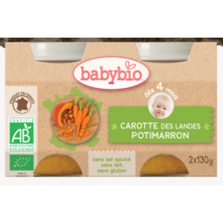 Babybio carotte des landes, potimarron, dès 4 mois, 2*130g