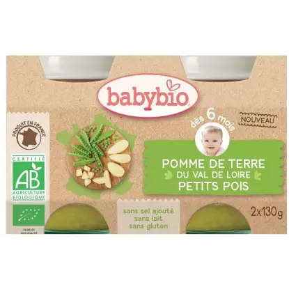 Babybio Petits pois, pomme de terre du val de loire, dès 6 mois, 2*130g