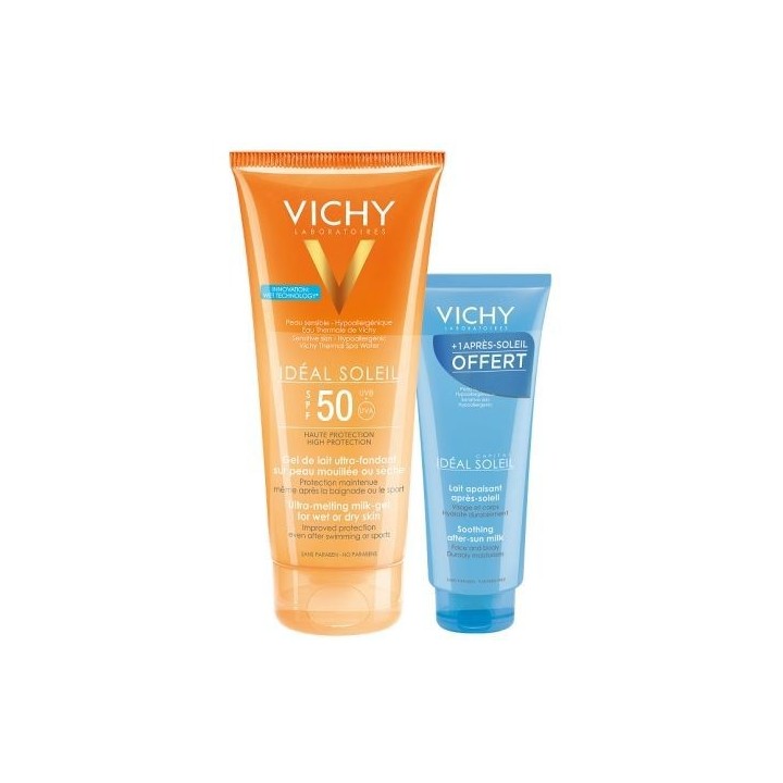 Vichy idéal soleil gel de lait sfp 50 + après soleil offert