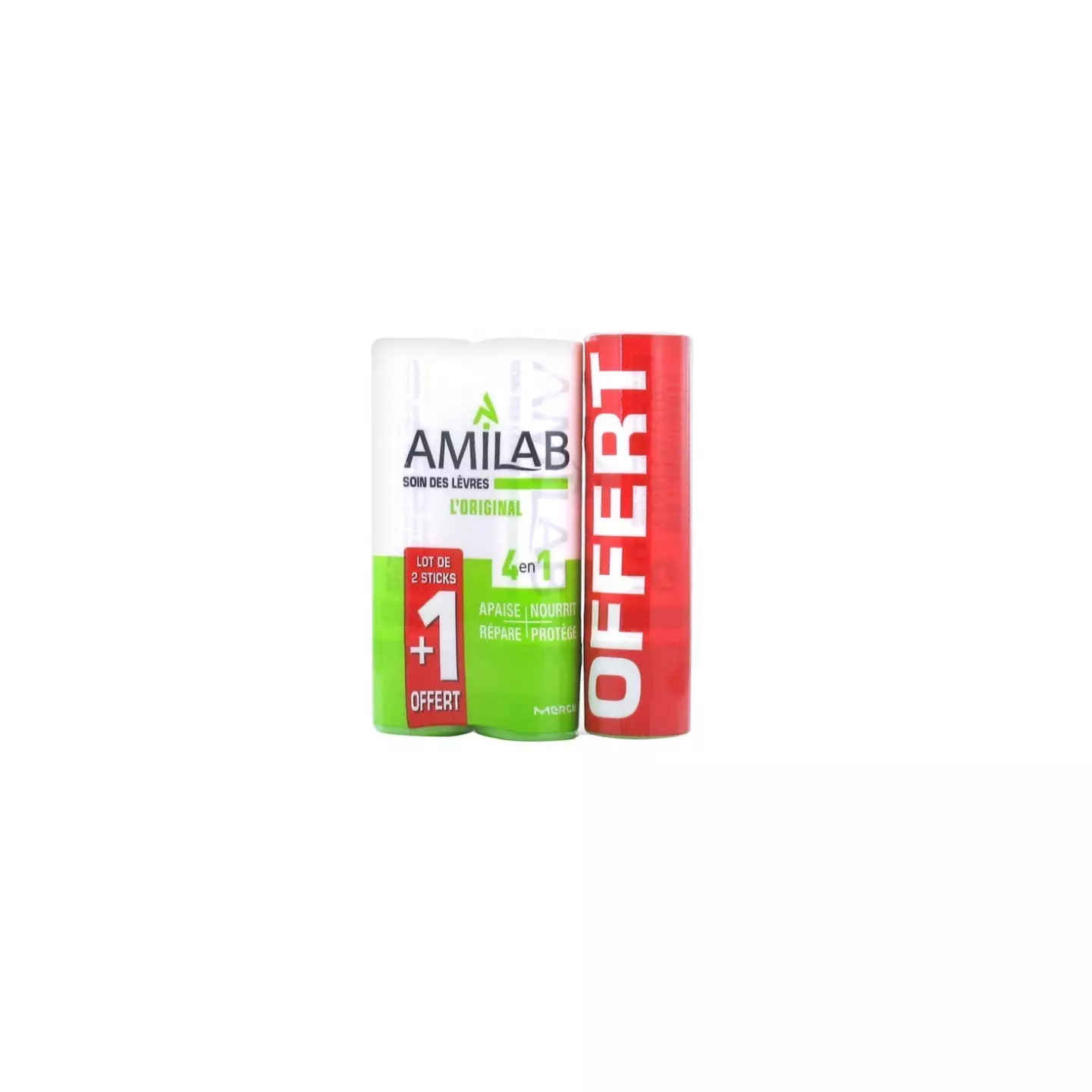 Baume lèvres réparateur Amilab - 2 x 3,6ml + 1 tube Offert