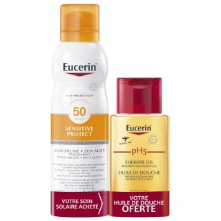 Eucerin Sun Sensitive Protect Brume spray transparente SPF50 - 200ml + Huile de douche PH5 100ml Offerte