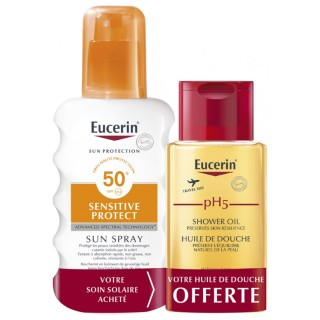 Eucerin Sun Sensitive Protect Crème spray transparente SPF50 - 200ml + Huile de douche PH5 100ml Offerte