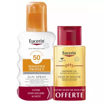Eucerin Sun Sensitive Protect Crème spray transparente SPF50 - 200ml + Huile de douche PH5 100ml Offerte