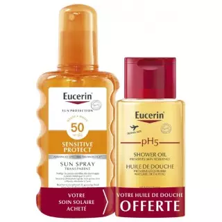 Eucerin Sun Sensitive Protect Spray transparent SPF50 - 200ml + Huile de douche PH5 100ml Offerte