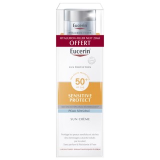 Eucerin Sun Sensitive Protect Crème visage SPF50+ - 50ml + Soin de nuit Hyaluron-Filler 20ml Offerte