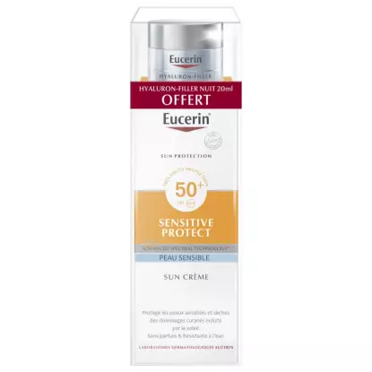 Eucerin Sun Sensitive Protect Crème visage SPF50+ - 50ml + Soin de nuit Hyaluron-Filler 20ml Offerte