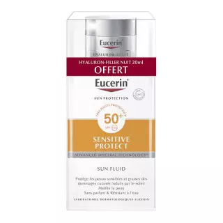 Eucerin Sun Sensitive Protect Fluide matifiant SPF50+ - 50ml + Soin de nuit Hyaluron-Filler 20ml Offerte