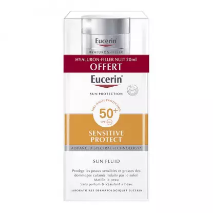 Eucerin Sun Sensitive Protect Fluide matifiant SPF50+ - 50ml + Soin de nuit Hyaluron-Filler 20ml Offerte