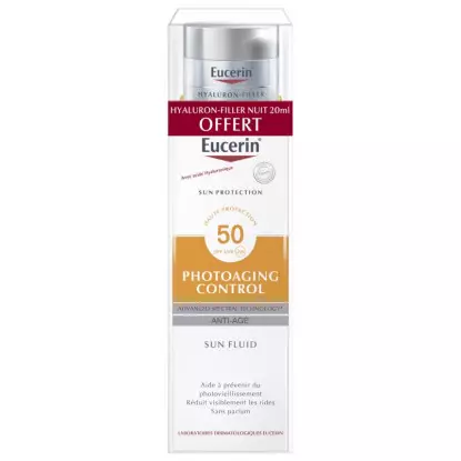 Eucerin Sun Photoaging Control Crème visage SPF50+ - 50ml + Soin de nuit Hyaluron-Filler 20ml Offerte