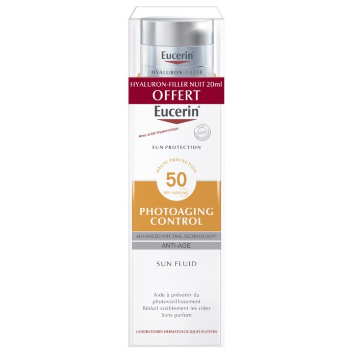Eucerin Sun Photoaging Control Crème visage SPF50+ - 50ml + Soin de nuit Hyaluron-Filler 20ml Offerte