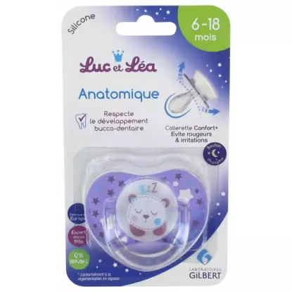 Luc et Léa Sucette silicone anatomique nuit 6-18 mois - Ours