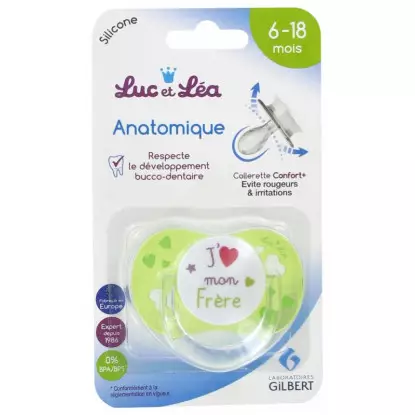 Luc et Léa Sucette silicone anatomique avec anneau 6-18 mois - J'aime mon frère