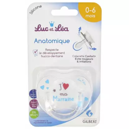Luc et Léa Sucette silicone anatomique avec anneau 0-6 mois - J'aime ma marraine