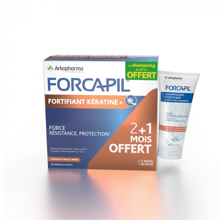 Arkopharma Forcapil Fortifiant kératine+ 180 gélules + Shampoing Forcapil cheveux et ongles abîmés 30ml Offert