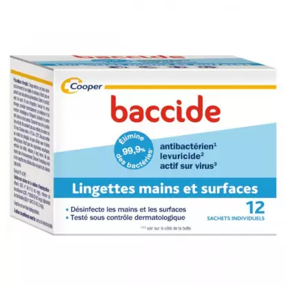 Cooper Baccide Lingettes mains et surfaces - 12 lingettes individuelles