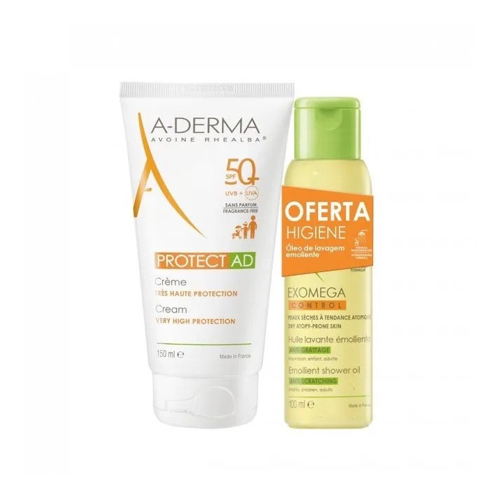 A-Derma Protect AD Crème solaire SPF 50+ - 150ml + Exomega Control Huile lavante émolliente 100ml Offerte