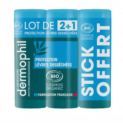 Dermophil Indien Stick protection lèvres desséchées Bio - Lot de 2 x 4 g + 1 Offert