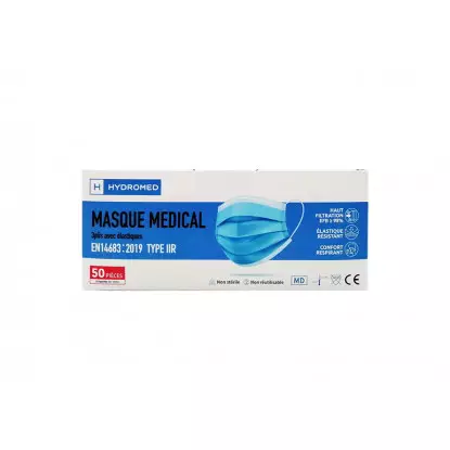 Hydromed Masque chirurgical 3 plis type IIR Bleu - 5 sachets de 10