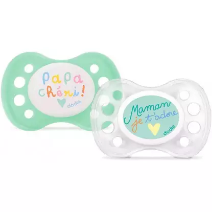 Dodie Sucettes anatomiques en silicone 0-6m "Maman et Papa Chéri" - Lot de 2