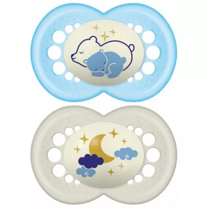 MAM Night Sucettes nuit anatomiques en silicone 18m+ - Lot de 2 - Coloris aléatoire