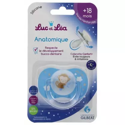 Sucette silicone anatomique nuit avec anneau 18m+ Luc et Léa - Singe