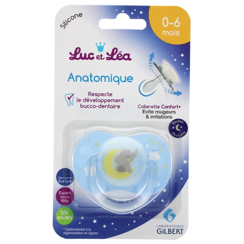 Sucette silicone anatomique nuit avec anneau 0-6 mois Luc et Léa