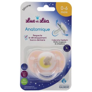 Sucette silicone anatomique nuit avec anneau 0-6 mois Luc et Léa - Éléphant Rose