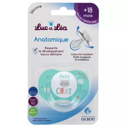 Sucette silicone anatomique nuit avec anneau 18m+ Luc et Léa - Petit Chat