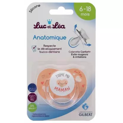 Sucette silicone anatomique avec anneau 0-6 mois Luc et Léa - J'aime ma maman