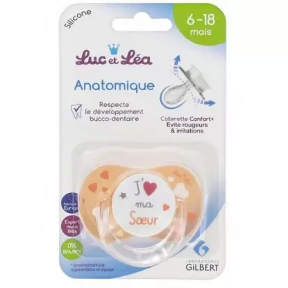 Sucette silicone anatomique avec anneau 6-18 mois Luc et Léa - J'aime ma sœur