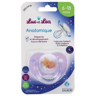 Sucette silicone anatomique nuit avec anneau 6-18 mois Luc et Léa - Chat
