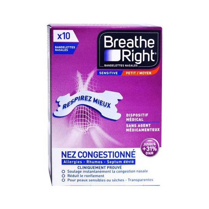 Bandelettes nasales Sensitive Moyen Breathe Right - Nez congestionné - x10