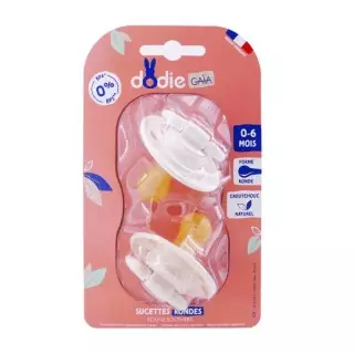 Sucettes rondes caoutchouc naturel 0-6m Gaïa Dodie - Lot de 2