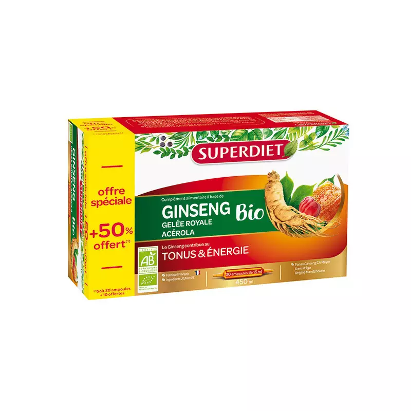 Superdiet Ginseng gelée royale et acérola Bio - 20 ampoules + 10 ampoules Offertes