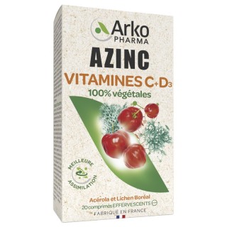 Arkopharma Azinc Vitamines C + D3 100 % végétales - 20 comprimés effervescents