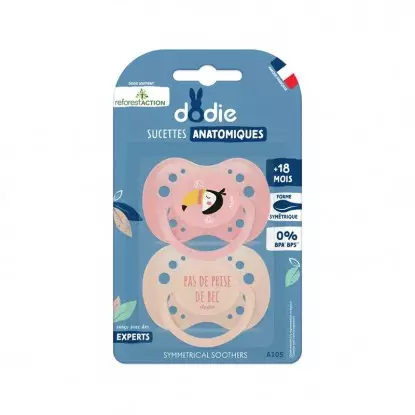 Sucettes anatomiques naissance +18m en silicone Dodie Reforest'Action - x 2