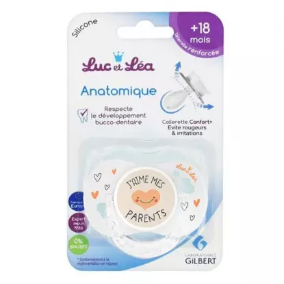 Sucette silicone anatomique avec anneau 18m+ Luc et Léa - J'aime mes parents